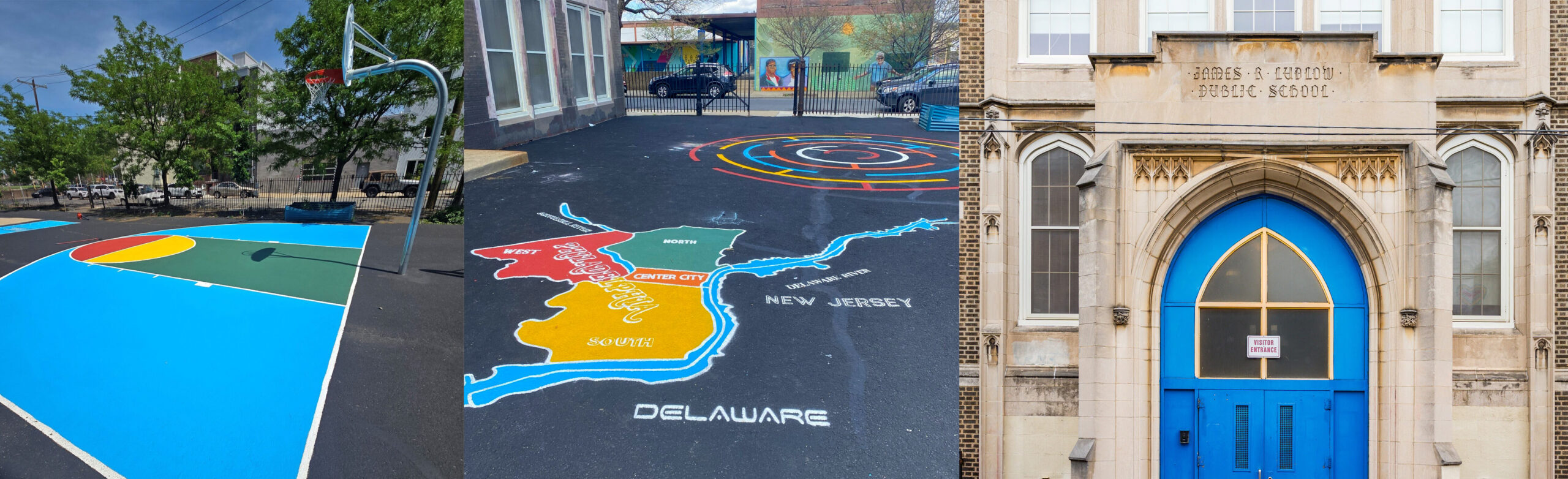 Collage showing James R. Ludlow School’s colorful basketball court, painted schoolyard map and blue front entrance.